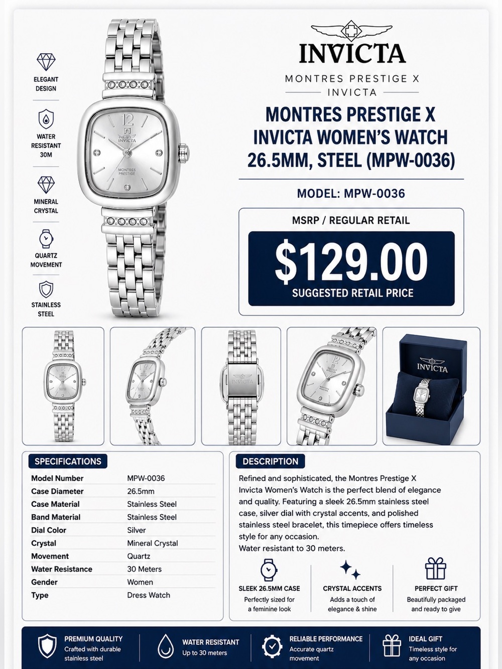 Invicta Montres Prestige X Women’s Silver Watch MPW-0036 26.5mm NIB